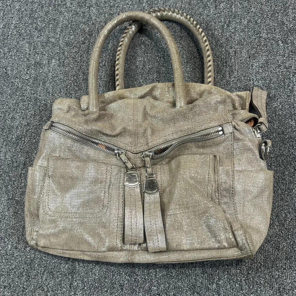 B. Makowsky Y2K Metallic Champagne Leather Satchel Bag Large Leopard Rocker Hobo